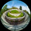 Unfinished construction of the fountain, photo taken with a circular fisheye lens