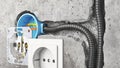 Unfinished electrical mains outlet socket with electrical wires. Royalty Free Stock Photo