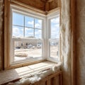 Unfinished house construction with framework, window, and insulation. Royalty Free Stock Photo