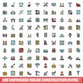 100 unfinished house construction icons set, color line style