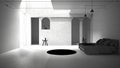 Unfinished project draft of classic concrete interior space, sun light that cast shadow on the wall, bedroom with bed and round Royalty Free Stock Photo
