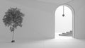 Unfinished project draft, imaginary fictional architecture, interior design of hall, empty space with arched door, copper lamp,