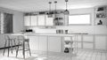 Unfinished project draft of kitchen with wooden details and parquet floor, modern pendant lamps, minimalistic interior design