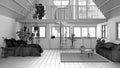 Unfinished project draft, loft with mezzanine and staircase, parquet, windows. Studio apartment, open space, bedroom, living room