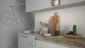 Unfinished project draft of minimalist modern kitchen close up with healthy breakfast, contemporary architecture interior