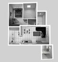 Unfinished project draft, modern apartment, top view, plan, above. Living room, kitchen with dining room, bedroom and bathroom. Royalty Free Stock Photo