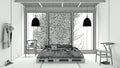 Unfinished project draft, modern wooden bedroom, pallet bed, exterior garden, ivy, balcony, concrete walls and floor, bamboo