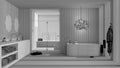 Unfinished project draft, spa bathroom, sauna room with glass doors, freestanding bathtub, washbasin with round mirror, pendant