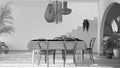 Unfinished project draft, vintage retro dining room with table and chairs, breakfast buffet, classic pendant lamps, archways with