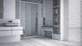 Unfinished project, minimalist bathroom with sink, large shower with glass cabin, heated tower rail, bench, herringbone parquet,