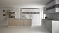 Unfinished project of modern scandinavian kitchen, sketch abstract interior design