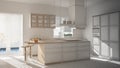 Unfinished project of modern wooden and white kitchen with island, stools and windows, parquet herringbone floor