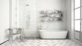 Unfinished project of scandinavian classic vintage bathroom, sketch abstract interior design