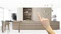 Unfinished project, under construction draft, concept interior design sketch, hand pointing real modern white kitchen with Royalty Free Stock Photo