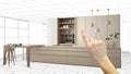 Unfinished project, under construction draft, concept interior design sketch, hand pointing real modern white kitchen with Royalty Free Stock Photo