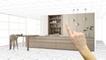 Unfinished project, under construction draft, concept interior design sketch, hand pointing real modern white kitchen with Royalty Free Stock Photo