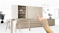 Unfinished project, under construction draft, concept interior design sketch, hand pointing real modern white kitchen with Royalty Free Stock Photo