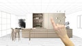 Unfinished project, under construction draft, concept interior design sketch, hand pointing real modern white kitchen with Royalty Free Stock Photo