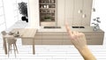 Unfinished project, under construction draft, concept interior design sketch, hand pointing real modern white kitchen with Royalty Free Stock Photo