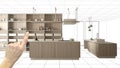 Unfinished project, under construction draft, concept interior design sketch, hand pointing real wooden kitchen with blueprint