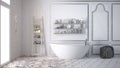 Unfinished project of white scandinavian bathroom, sketch abstract interior design