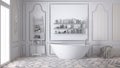 Unfinished project of white scandinavian bathroom, sketch abstract interior design