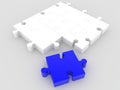 Unfinished puzzle concept in white with a blue puzzle piece in the foreground