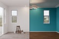 Unfinished Raw and Newly Remodeled Room of House Before and After with Wood Floors, Moulding, Rich Blue Paint and Ceiling Lights