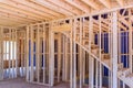 An unfinished residential home under construction is framed out with a wooden beam supports Royalty Free Stock Photo