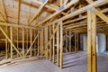 Unfinished roofing of interior view of a house residential construction framing against Royalty Free Stock Photo