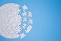 Unfinished white jigsaw puzzle pieces on blue background, The last piece of jigsaw puzzle, Copy space Royalty Free Stock Photo