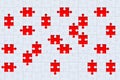 Unfinished white jigsaw puzzle pieces on red background. Top view Royalty Free Stock Photo