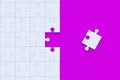 Unfinished white puzzle jiggle pieces on violet background. Educational games