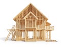 Unfinished wooden house frame under construction, displaying customizable modular home design. Focus on architecture, Royalty Free Stock Photo