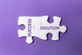 Unfitting white puzzle pieces with words SUCCESS and SOLUTION on background, top view