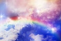 Unfocused Heaven gates to Paradise in clouds, God path. Entering the Heaven, blurred defocused photo of sky and rainbow. Dramatic Royalty Free Stock Photo