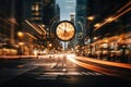 An unfocused image of an urban road at nighttime, filled with moving cars and a clock-bearing structure on the Royalty Free Stock Photo