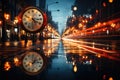 An unfocused image of an urban road at nighttime, filled with moving cars and a clock-bearing structure on the Royalty Free Stock Photo