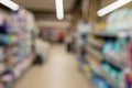 Unfocused shot of supermarket interior. Blurry hypermarket, mall or shopping center background.