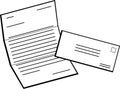 Unfolded mailed document and envelope black and white illustration