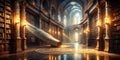 Unfolding Secrets A Glowing Mystical Scroll Unveiled in an Ancient Magical Library Royalty Free Stock Photo