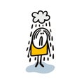 Unfortunate stickman stands wet under the raindrops. Vector illustration of sad guy and bad cloudly rainy weather.