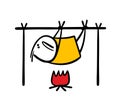 Unfortunate victim of the ogre is hanging tied up on a bonfire. Vector illustration of fried meat. The stickman is on Royalty Free Stock Photo
