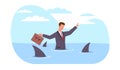 Unfriendly environment, frightened businessman is in water with sharks. Guy in office clothes, person in panic in