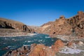 Unfrozen clear river water running through canyon in winter