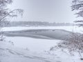 Unfrozen lake in winter forest. Black water and snowy brunches