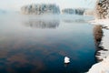 Unfrozen lake in the winter forests