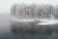 Unfrozen lake in the winter forests