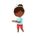 Unhappy African American Girl Character Showing Dislike Towards Salmon Steak Vector Illustration