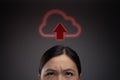 Unhappy Asian woman and cloud icon hologram effect